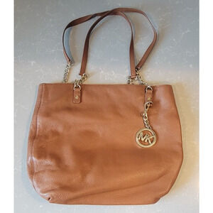 Michael Kors Purse Brown Soft Leather Gold Logo Medallion Multi Compartment EUC